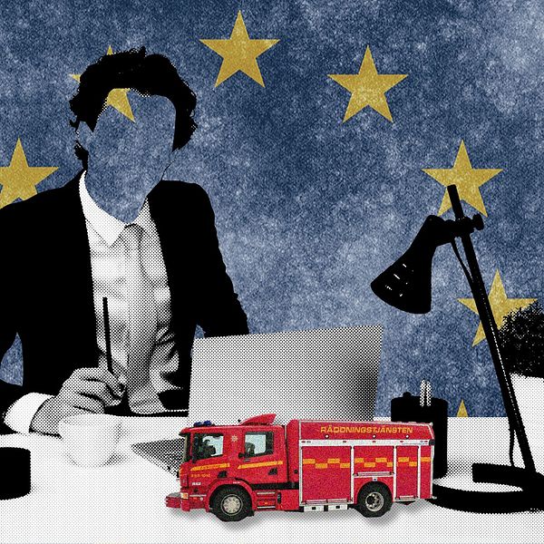 grafik som illustrerar EU:s inflytande över arbetstider, på bilden en person i kavaj vid ett skrivbord, en EU-flagga, en brandbil, en blomkruka, med mera