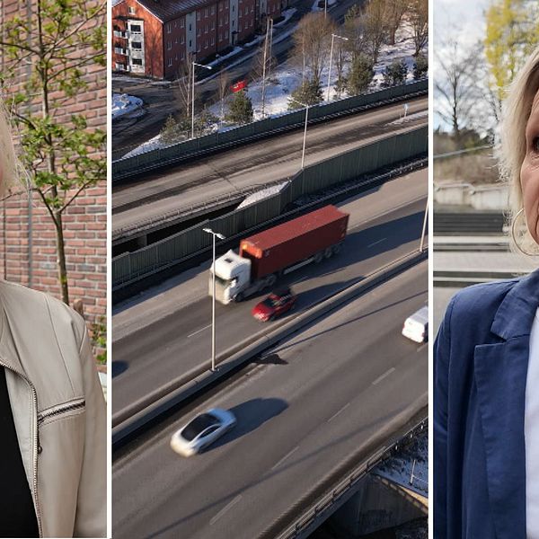Boel Godner och Marit Appelgren och motorvägsbron i Södertälje