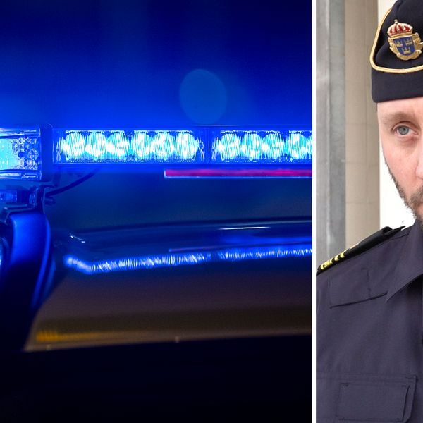 Dekad bild. Till vänster en närbild på polisirener som lyser blått, till höger en man i polisuniform och polishatt.
