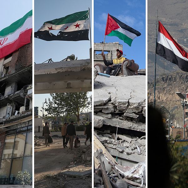Flaggor för Libanon, Iran, Syrien, Palestina, Jemen och Gaza framför krigsscener.