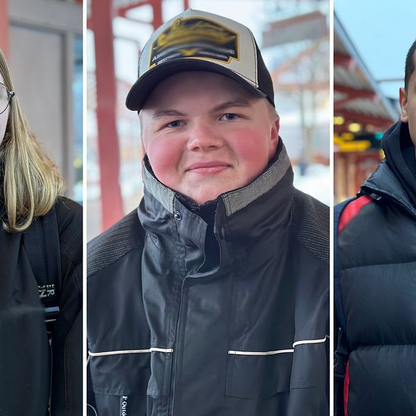 Tre ungdomar som står på en busstation