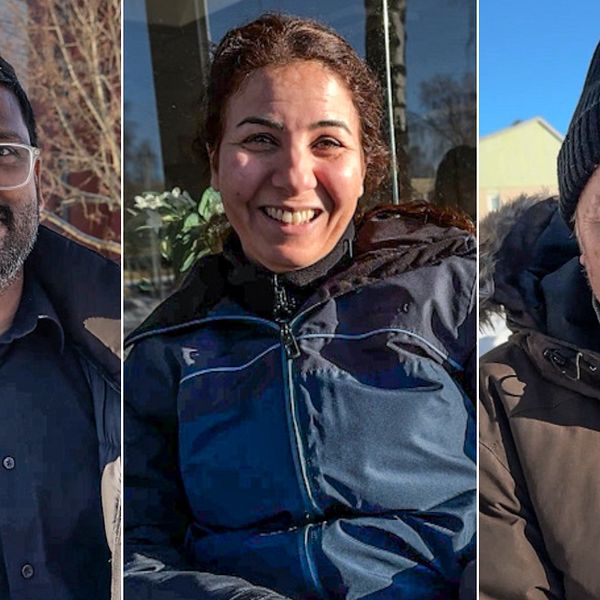 Tre personer är klädda i vinterjackor och vistas utomhus. De är uppdelade i separata sektioner med urban miljö och soliga väderförhållanden i bakgrunden.