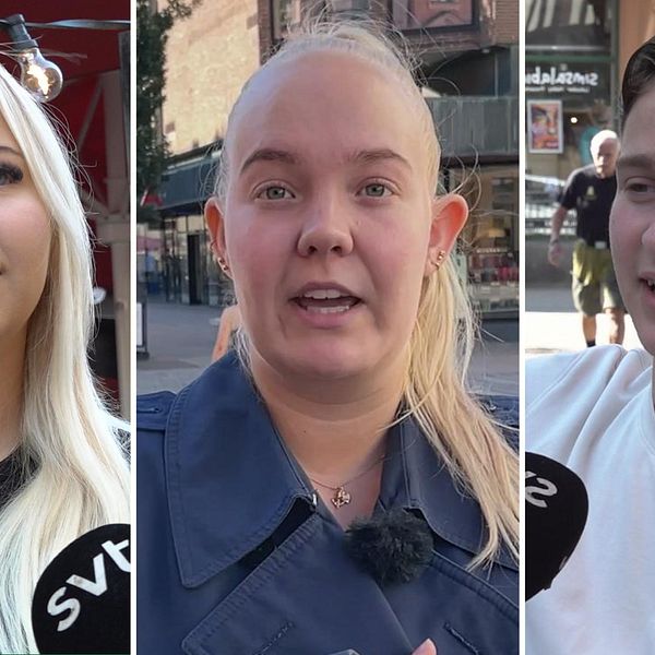 Tre personer framträder i en delad bild. Den första personen till vänster har långt, ljust hår och bär en svart tröja med en logotyp. Personen i mitten har blont hår samlat i en hästsvans och bär en blå jacka. Den tredje personen till höger har kort, mörkt hår och bär en vit T-shirt. Bakgrunden visar en livlig stadsbild med människor som rör sig. Klubbdöde, nattklubb, Karlskrona