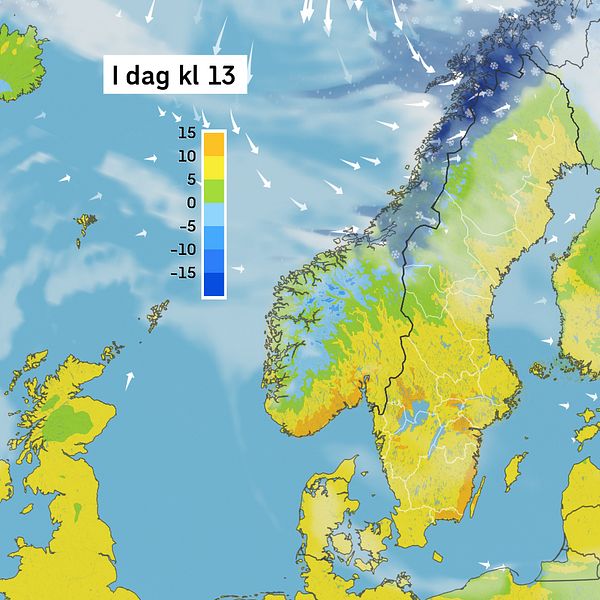 Väderkarta som visar väder i Sverige – prognos för i dag och kommande dagar.
