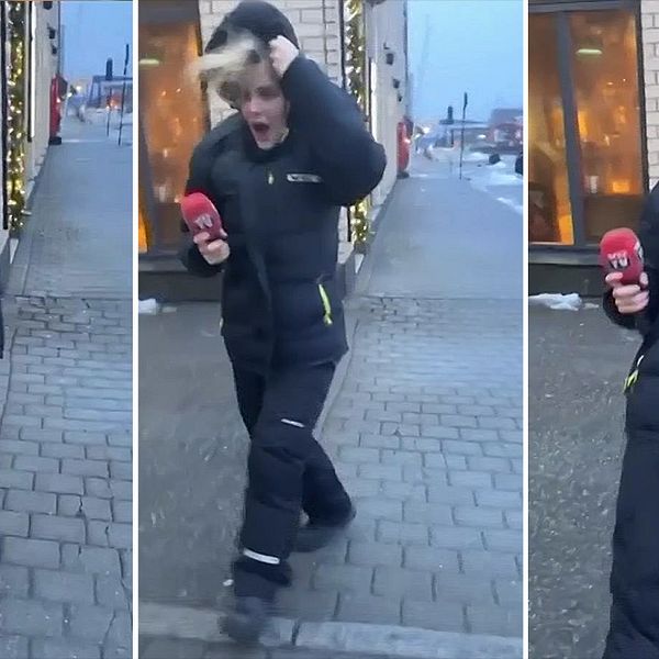 Här har VG:s reporter Kristina Kinne svårt att stå i den hårda vinden i Bodö i Norge. Hör henne berätta om stormen Ingunns framfart: ”Det är livsfarligt att vara ute”.
