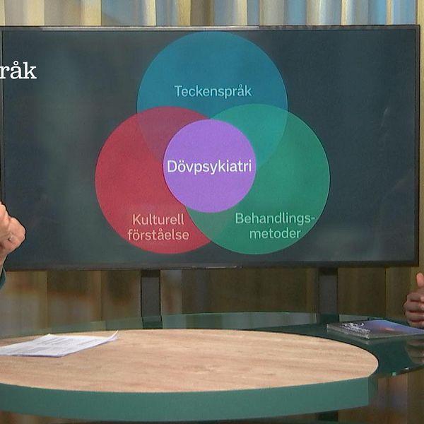 Maria Midbøe står till vänster och Abdi Mohamed står till höger. I mitten finns ett Venn-diagram där det står teckenspråk, kulturell förståelse, behandlingsmetoder och dövpsykiatri.