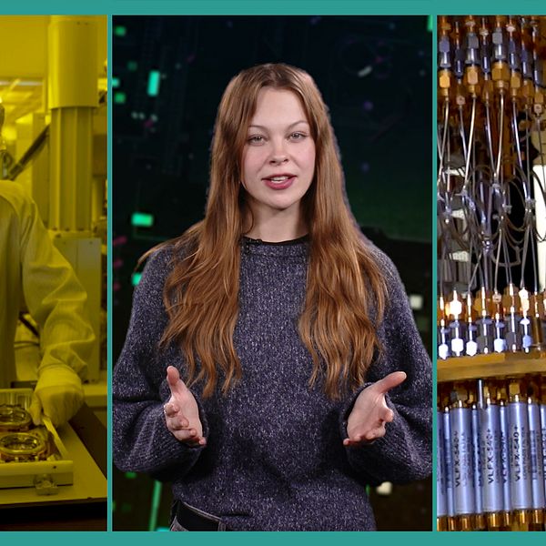 Forskare i labb, programledare och kvantdatorutrustning illustrerar kapplöpningen om kvantdatorn.