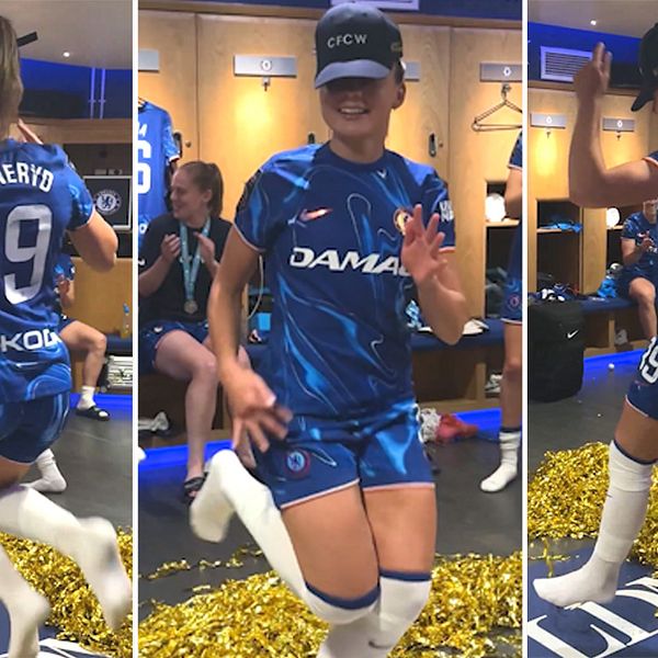 Tredelad bild. Fotbollsspelare dansar i omklädningsrum, guldkonfetti på golvet.