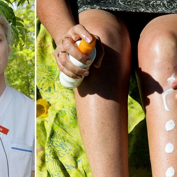 Till vänster står överläkaren Hildur Helgadottir i vita kläder och tittar framåt. Till höger håller en person i en flaska med solkräm som personen smörjer in benen med.