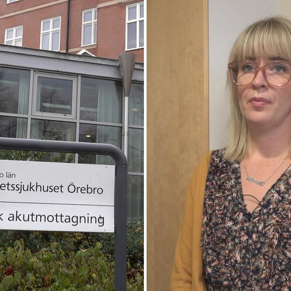 Till vänster ser man skyltar för den psykiatriska akutmottagningen vid universitetssjukhuset i Örebro. Till höger står Mikaela Alderlöf. Bakom henne finns två planscher och en av dem har ett telefonnummer.