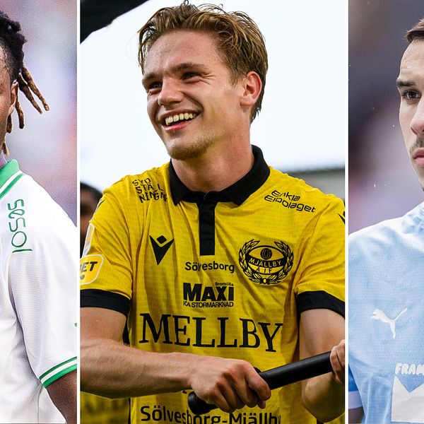Frank Junior Adjei, Jeppe Kjaer och Andrej i sina nya klubbtröjor för Hammarby, Mjällby och Malmö FF