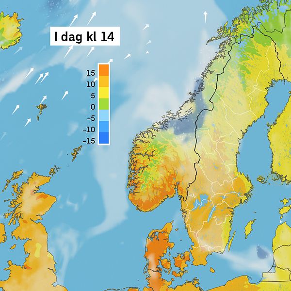 Väderkarta som visar väder i Sverige – prognos för i dag och kommande dagar.