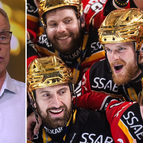 Delad bild. Till vänster: man i skjorta. Till höger: ishockeyspelare firar i guldhjälmar.