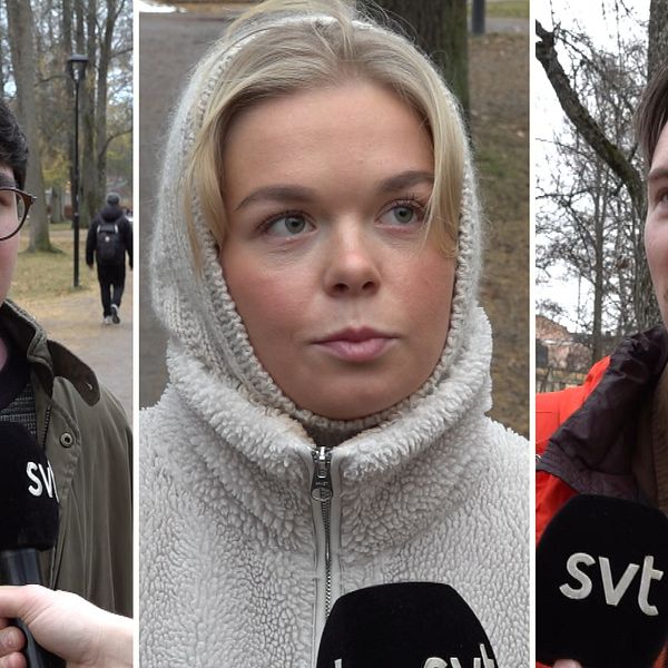 Tre personer står i en park. Den första personen är klädd i en mörk jacka och har en axelväska. Den andra personen bär en vit fleecejacka, medan den tredje personen har på sig en röd jacka.