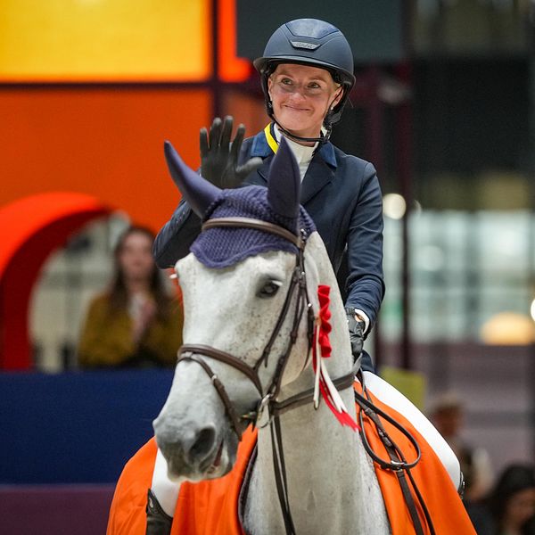 En ryttare i en mörk ridsportjacka och hjälm, sitter på en vit häst som är utrustad med en blå sadel och en orange täcke. Ryttaren viftar med hand en uttryck av seger eller uppskattning, omgivet av en färgglad bakgrund med geometriska former.