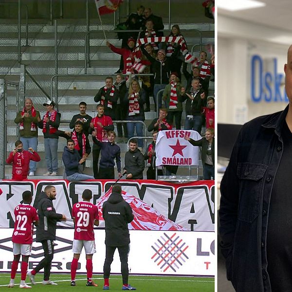 Bild med två sektioner: till vänster firar ett fotbollslag med spelare i tröjor, som vänder sig mot en entusiastisk publik som hejar på, medan det i bakgrunden syns banderoller och flaggor. Till höger står en man i en mörk kavaj i en kontorsmiljö med oskarp bakgrund.