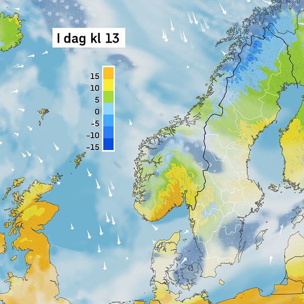 Väderkarta som visar väder i Sverige – prognos för i dag och kommande dagar.