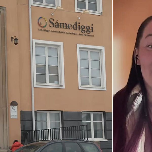 Sametingets byggnad i Kiruna, till höger Anna-Maja Persson som driver podden Samesystrar