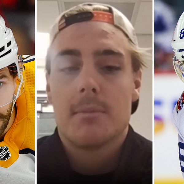 En delad bild med tre sektioner: den vänstra visar en ishockeyspelare i en gul och svart tröja med en hjälm, samt ett NHL-märke synligt; den mittersta sektionen visar en person i en grå t-shirt och keps som ser ut att vara i en inomhusmiljö; den högra sektionen visar en annan ishockeyspelare i en vit och blå tröja med nummer 88 och NHL-logotypen.