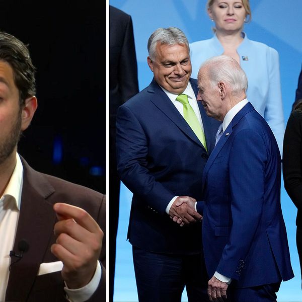 till vänster: SVT:s USA-korrespondent Fouad Youcefi. Till höger: Orbán skakar hand med Biden.