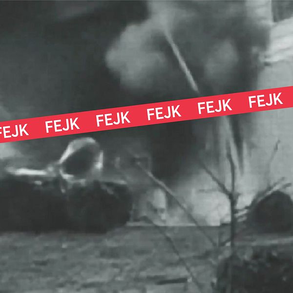Explosion vid byggnad, överstruken av texten ”FEJK” för att visa AI-manipulerad video.