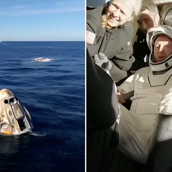 Delad bild. Till vänster: Rymdkapsel i havet. Till höger: Astronaut får hjälp ur kapseln.