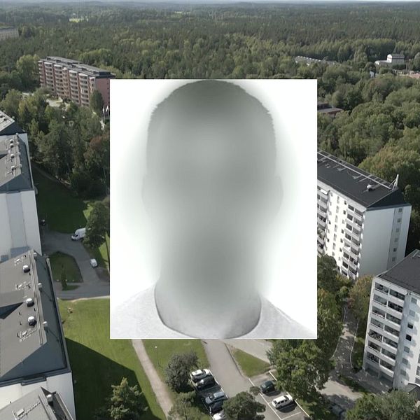 Anonymiserad bild på föreningsprofilen i Södertälje framför en drönarbild på radhus i Ronna.