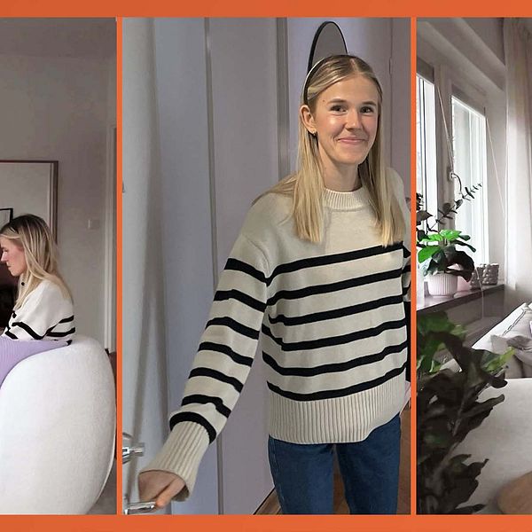 Tredelad bild. Vänster: kvinna i fåtölj. Mitten: person vid dörr. Höger: vardagsrum med soffa och växt.