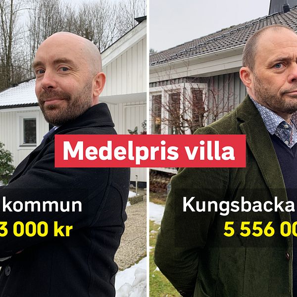 Bild på två män, mäklare, som står utanför två villor, det ena är vitt, det andra är grått.