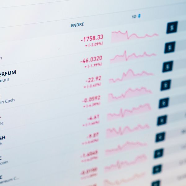 Kryptovalutamarknadsvy med fallande kurser för Bitcoin, Ethereum, BCH och flera andra valutor.