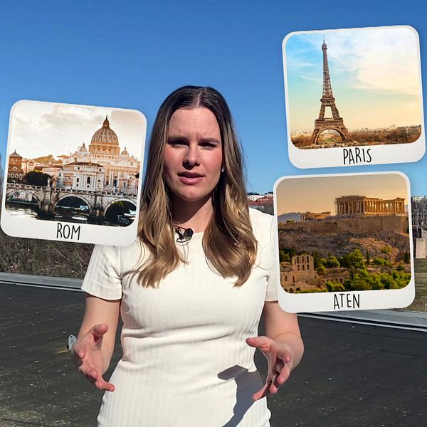 Delad bild. Vänster: Roms kupoler. Mitten: Eiffeltornet i Paris. Höger: Akropolisklippan i Athen.