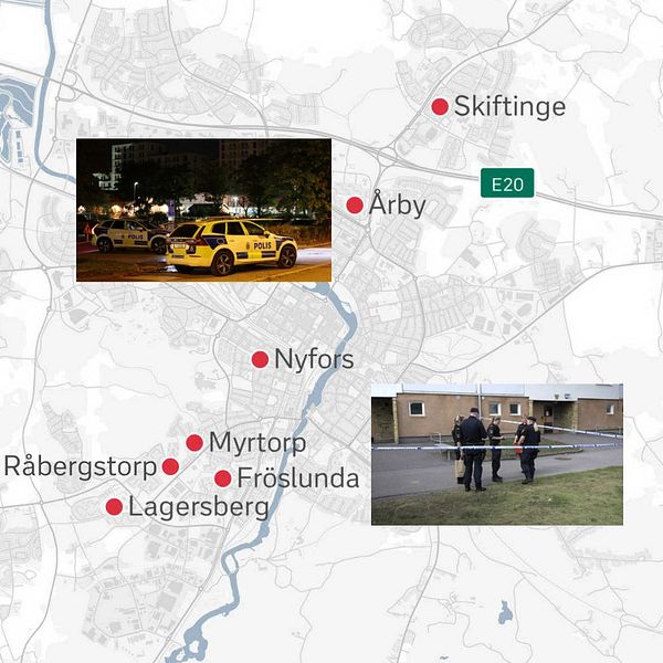 En karta över de sju stadsdelar i Eskilstuna som berörs av säkerhetszonerna.