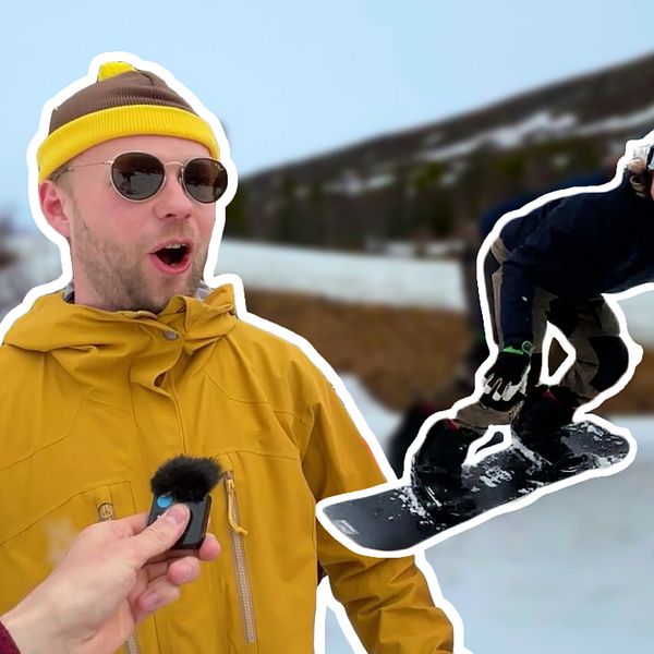 Delad bild. Till vänster hålls mikrofon mot person i gul jacka. Till höger snowboardåkare i luften.