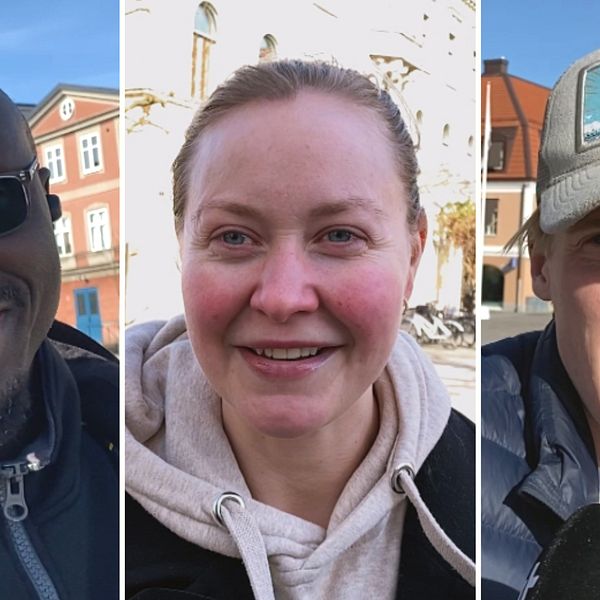 Tredelad bild. Längst till vänster: man med solglasögon framför stadsbyggnader under blå himmel. I mitten: kvinna vid torg med byggnader. Till höger: man med keps framför torg.