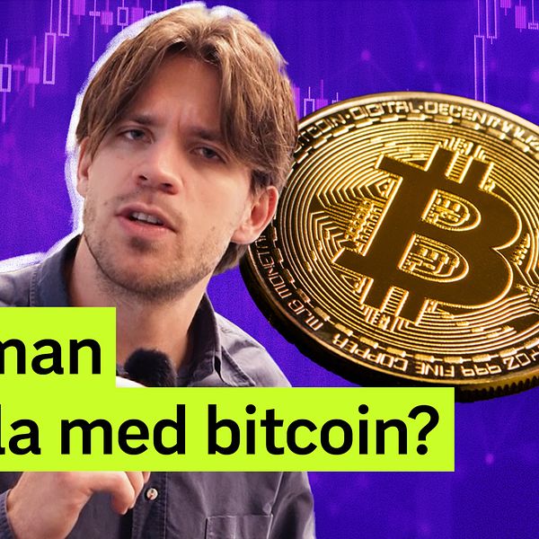 Text och Bitcoin-logga mot lila bakgrund, ”Kan man handla med bitcoin?”