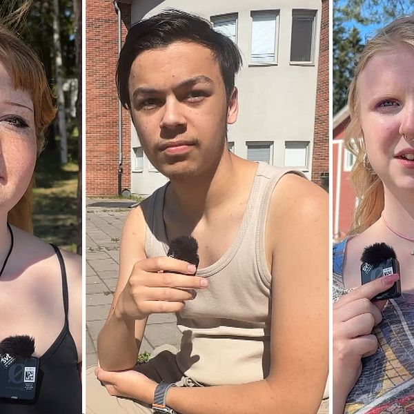 Tre gymnasieelever som är utomhus utanför Midgårdsskolan i Umeå