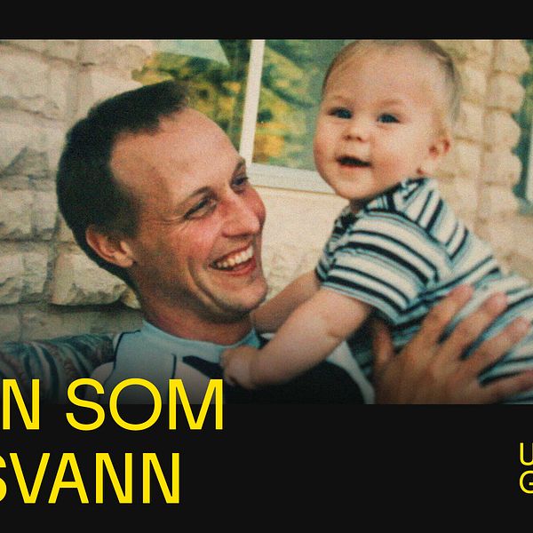 ”Text: Arven som försvann, Uppdrag Granskning. Bakgrund: stenmur och en person håller barn.”