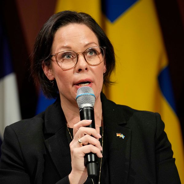 Utrikesminister Maria Malmer Stenergard står i en mörk kavaj håller i en mikrofon framför bland annat den svenska flaggan.