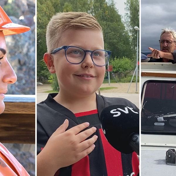 Tre bilder: kulturministern i hjälm, pojke med glasögon, en man och en kvinna i en båt. Mannen pekar