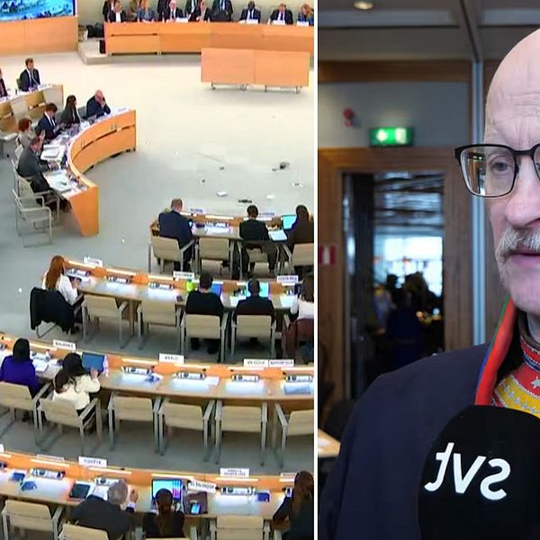 Delad bild. Till vänster: möte i plenisal. Till höger: person i samedräkt intervjuas av SVT.