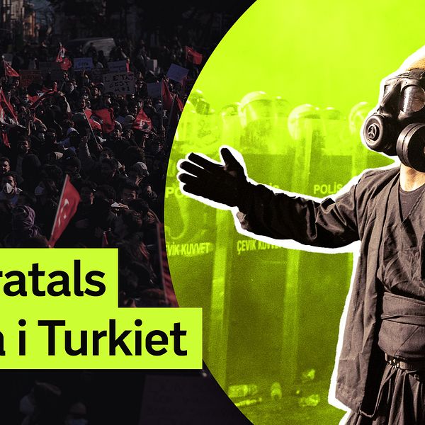 Delad bild. Vänster: folkmassa med rubrik ”Hundratals gripna i Turkiet”. Höger: person bär gasmask.