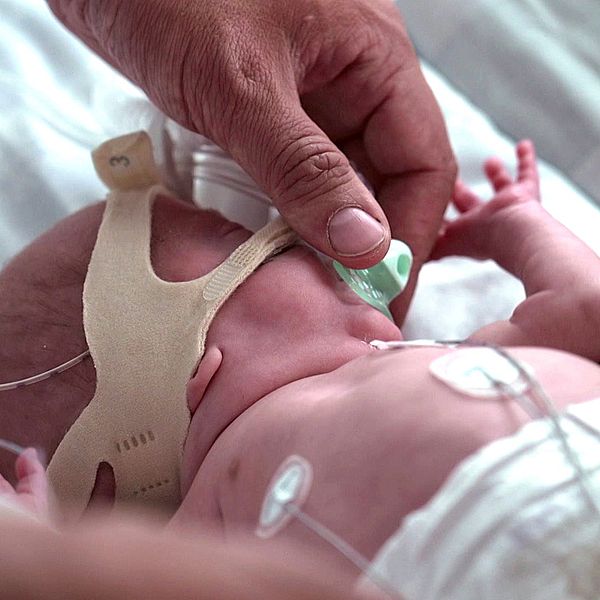 Nyfödd på neonatalavdelning med slangar och en hand som håller om barnet