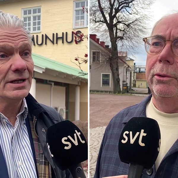 Två politiker i delad bild, ståendes utomhus i Vadstena.
