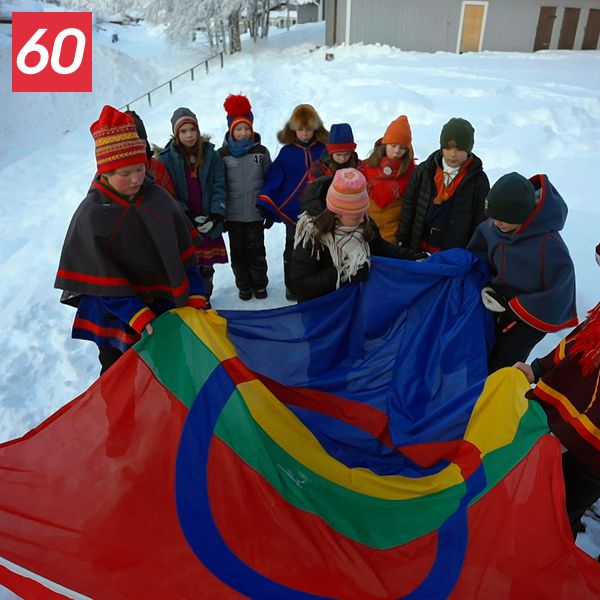 Grupp samer håller upp en samisk flagga i ett snötäckt landskap.