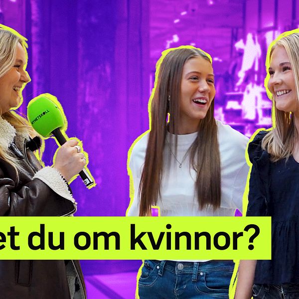 Programledare intervjuar två unga personer. Text: ”Quiz: Vad vet du om kvinnor?”
