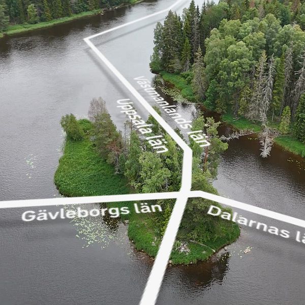 Flygbild på en ö med markerade länsgränser för Västmanlands län, Dalarnas län, Gävleborgs län, och Uppsala län
