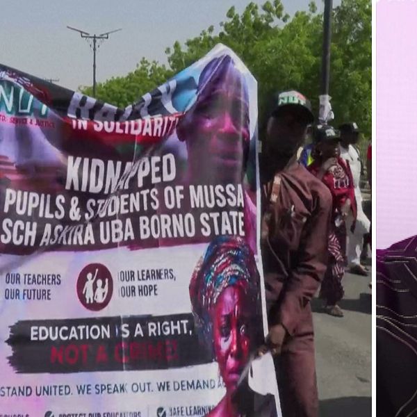 Protest i Nigeria mot kidnappningar av skolbarn, med Tiwa Savage på höger sida