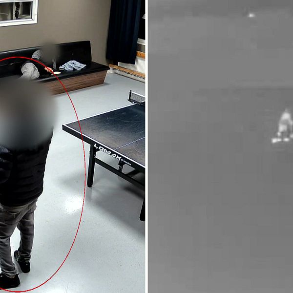 Övervakningsbild av maskerad person i ett rum med bord och soffa