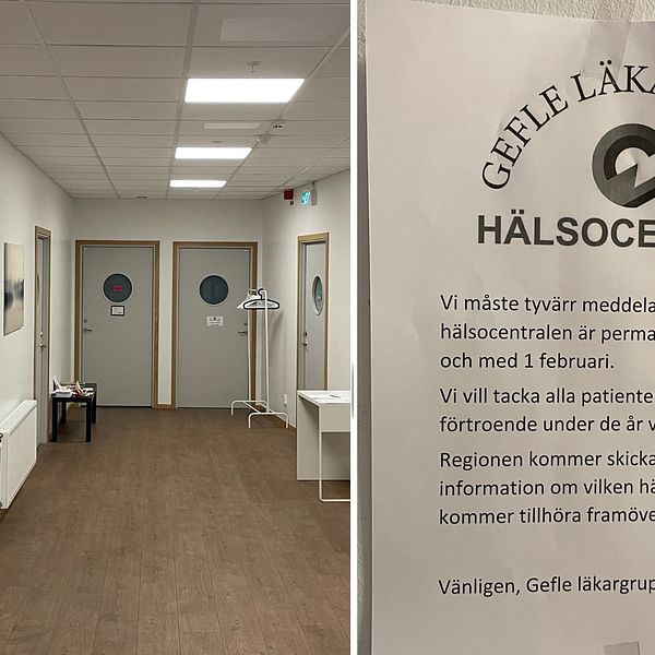 En delad bild som visar två scener. Till vänster syns en tom och neutral korridor i en hälsocentral med flera dörrar längs väggen. Till höger visas en affisch från Gefle Läkargrupp Hälsocentral som informerar om den permanenta stängningen av hälsocentralen från och med 1 februari, med tack till patienter samt information om att mer information kommer skickas av regionen.