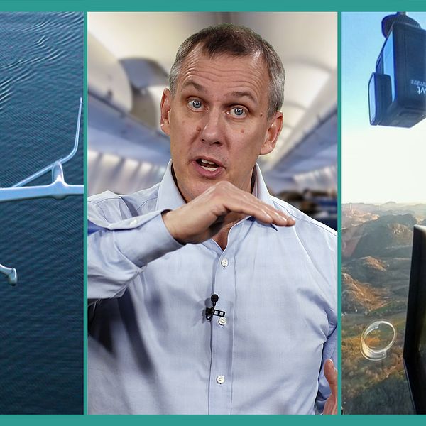 Reporter visar elflygplan och cockpitmiljö i reportage om elflygets framsteg.